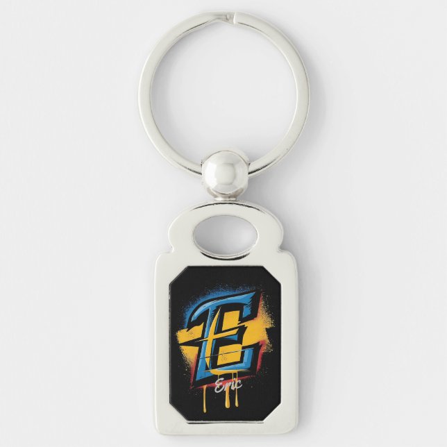 Personlig Namn Bold Graffiti Initial "E" Rektangulärt Silverfärgad Nyckelring (Framsidan)
