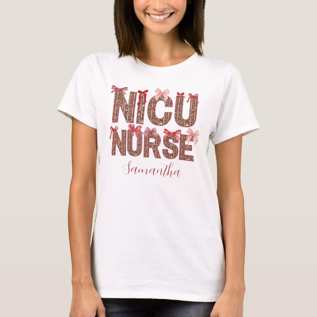 Personlig Namn Bow NICU Nurse-julsjöfart T Shirt (Framsida)