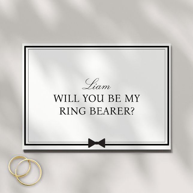 Personlig Namn Bowtie Ring Bearer Frieri Kort (This minimalist ring bearer card, with a chic bowtie design, is perfect for formal weddings.)