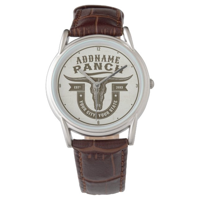 Personlig NAMN Bull Steer Skull Western Ranch Armbandsur (Framsida)