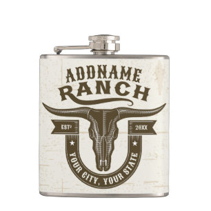 Personlig NAMN Bull Steer Skull Western Ranch Fickplunta