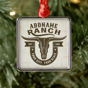 Personlig NAMN Bull Steer Skull Western Ranch Julgransprydnad Metall