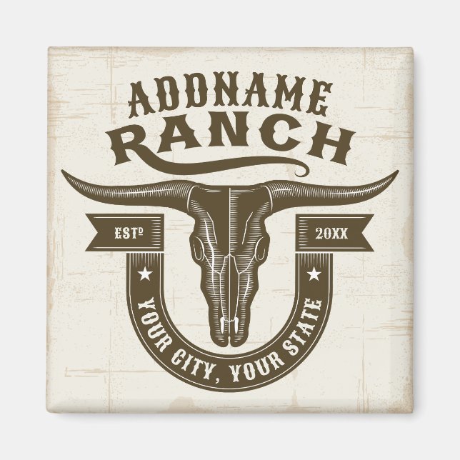 Personlig NAMN Bull Steer Skull Western Ranch Magnet (Framsidan)