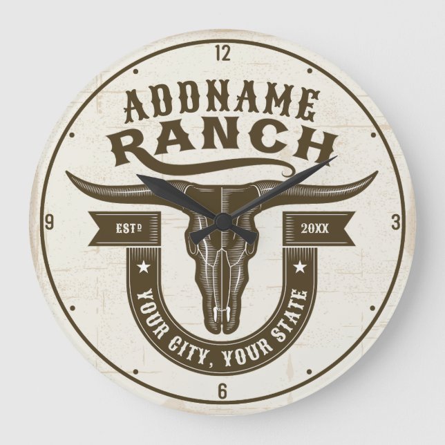 Personlig NAMN Bull Steer Skull Western Ranch Stor Klocka (Framsida)