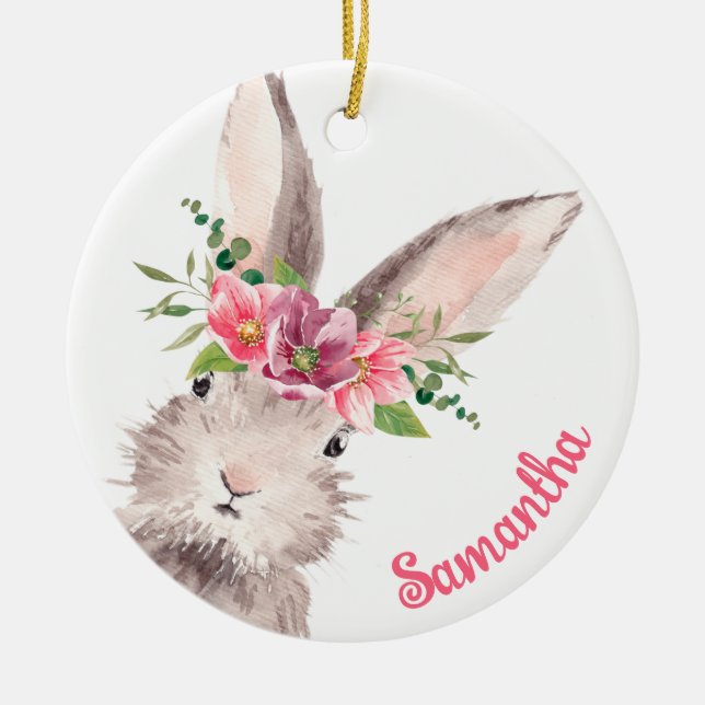 Personlig Namn Bunny Rabbit Girl rosa Julgransprydnad Keramik (Framsidan)
