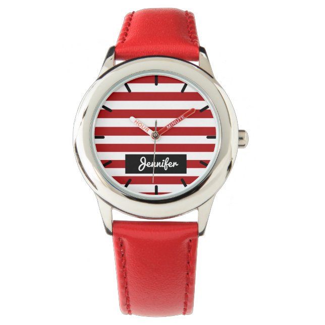 Personlig Namn Burgundy Red Solid Rand Girls Armbandsur (Framsida)