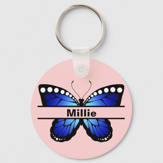 Personlig Namn Butterfly Coral Rosa Keychain Nyckelring (Framsida)