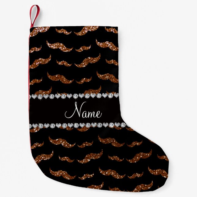 Personlig namn chokladbrun glitter mustasch liten julstrumpa (Framsidan)