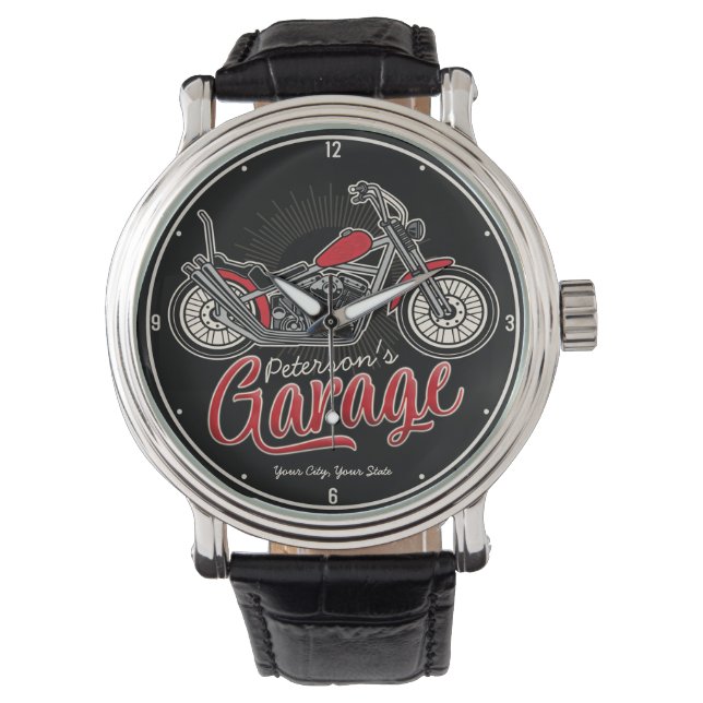 Personlig NAMN Classic Biker Motorcycle Garage Armbandsur (Framsida)