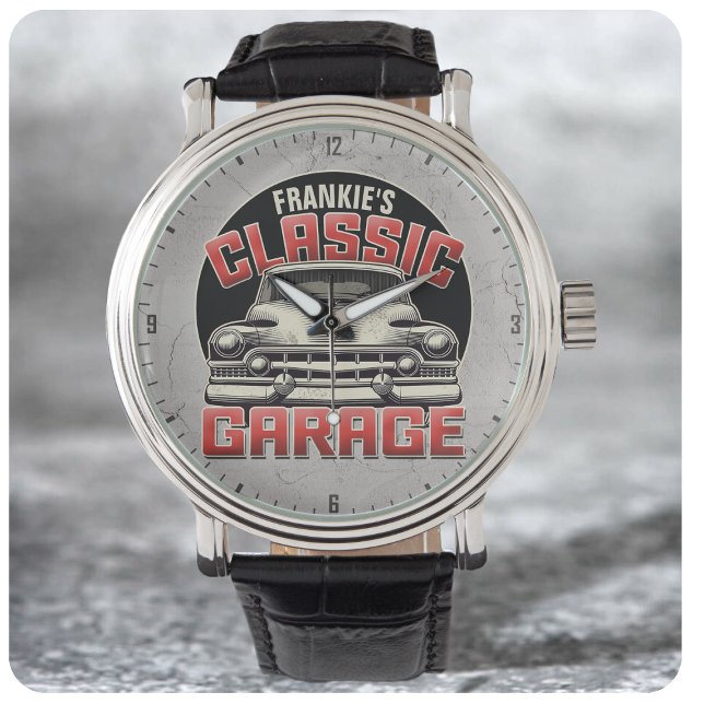 Personlig NAMN Classic Car Garage Anpassningsbar S Armbandsur (Skapare uppladdad)