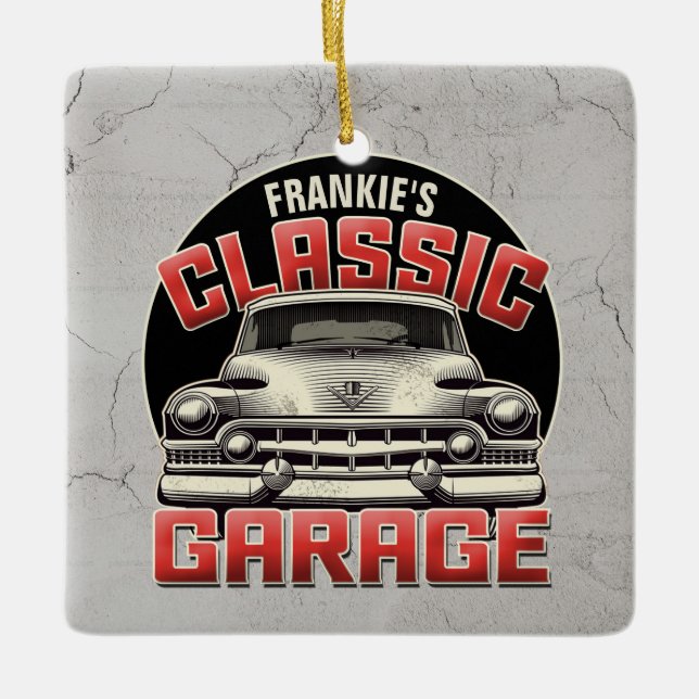 Personlig NAMN Classic Car Garage Anpassningsbar S Julgransprydnad Keramik (Framsida)