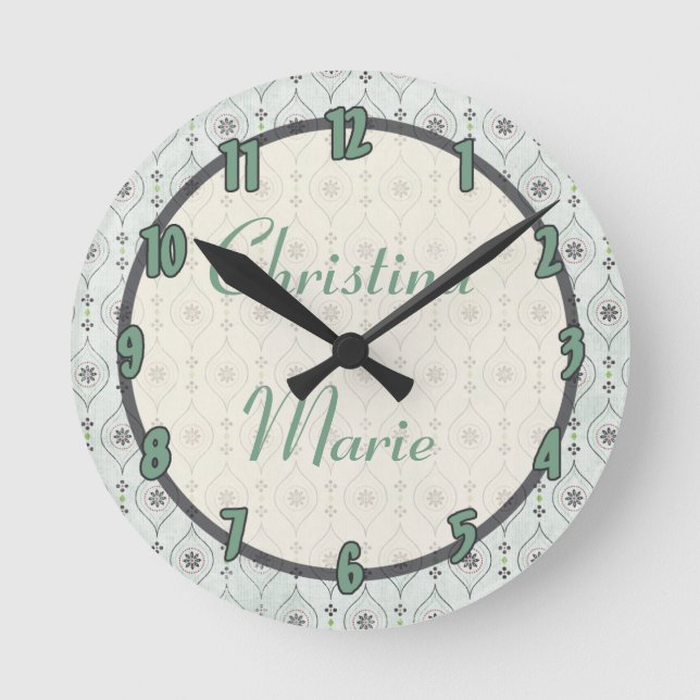 Personlig Namn Clock Blåa blommor Mönster Rund Klocka (Framsida)