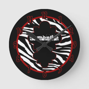 Personlig Namn Clock Black och White Zebra Rund Klocka