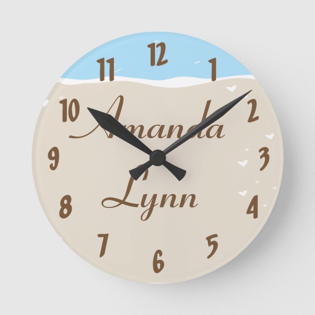 Personlig Namn Clock Ocean Sea Snäcka Vatten Sand Rund Klocka (Framsida)