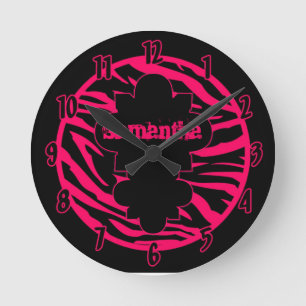 Personlig Namn Clock Shock rosa Black Zebra tryck Rund Klocka
