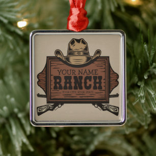 Personlig NAMN Cowboy Guns Westerna Ranch-tecken Julgransprydnad Metall