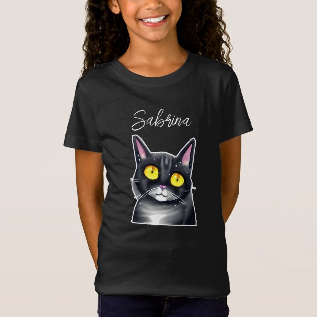 Personlig Namn | Cute Black Cat Gult Ögon T Shirt (Framsida)