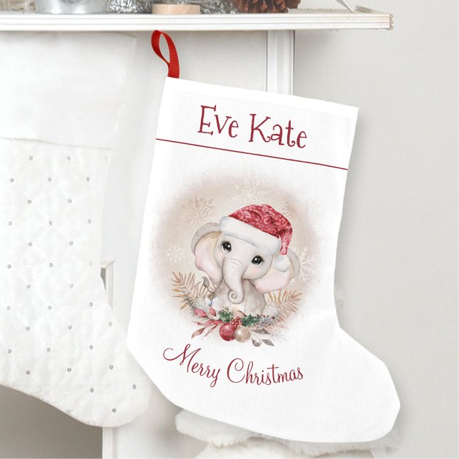 Personlig Namn Cute Elephant Girl Red White Liten Julstrumpa (Personalized Name Cute Elephant Girl Red White Small Christmas Stocking)