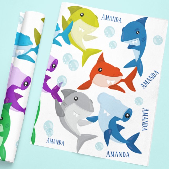 Personlig Namn Cute Little Sharks Presentpapper (Skapare uppladdad)