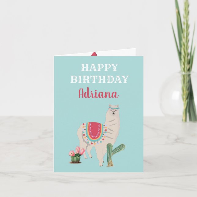 Personlig Namn Cute Llama Cactus Birthday Kort (Framsida)