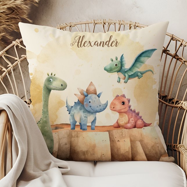 Personlig Namn Cute Watercolor Dinosaur Kudde (Skapare uppladdad)