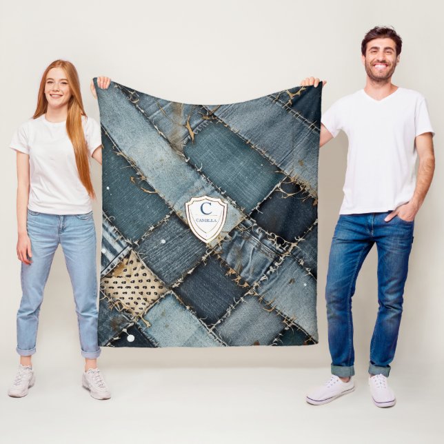 Personlig Namn denim plåster blå jeans åt dig Fleecefilt (På plats)
