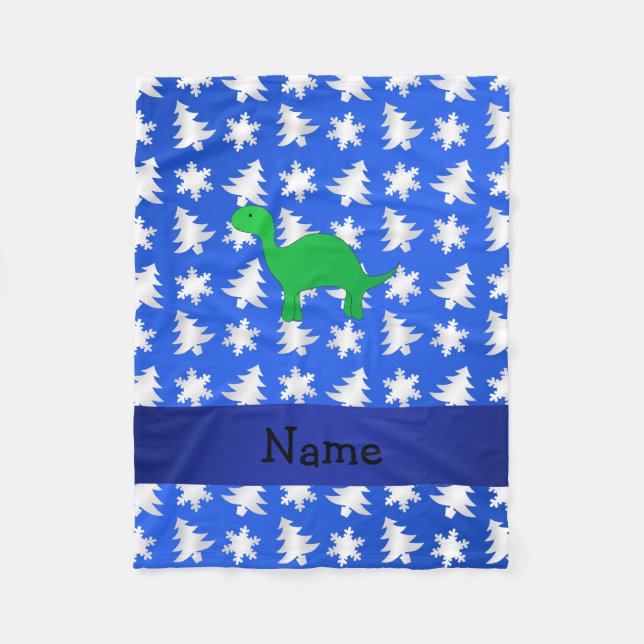 Personlig namn dinosaur blue snöflingor träd fleecefilt (Framsidan)