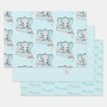 Personlig Namn Elefant Baby Pojke Blå Grå