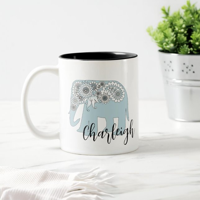 Personlig Namn Elegant Blue Paisley Elephant Två-Tonad Mugg (Skapare uppladdad)