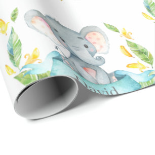 Personlig Namn Elephant Baby Teal och Grått Presentpapper