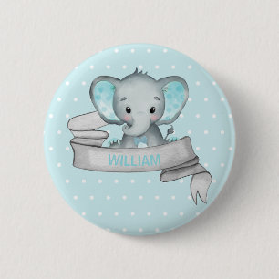 Personlig Namn Elephant Pojke Blue & Grått Knapp