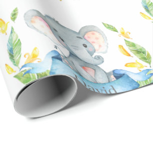 Personlig Namn Elephant Pojke Blue och Grått Presentpapper