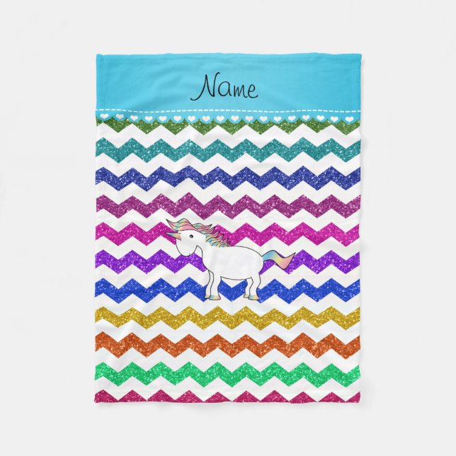 Personlig namn encorn glitter rainbow chevrons fleecefilt (Framsidan)