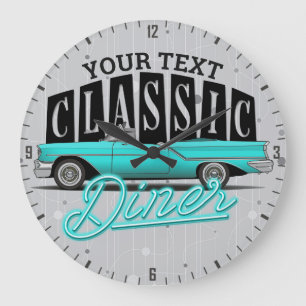 Personlig Namn Faux Neon 50's Classic Car Middag Stor Klocka