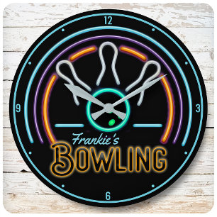Personlig NAMN Faux Neon Bowling Ball Stift Rund Klocka