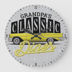 Personlig NAMN Faux Neon Classic Car 50's Middag Stor Klocka