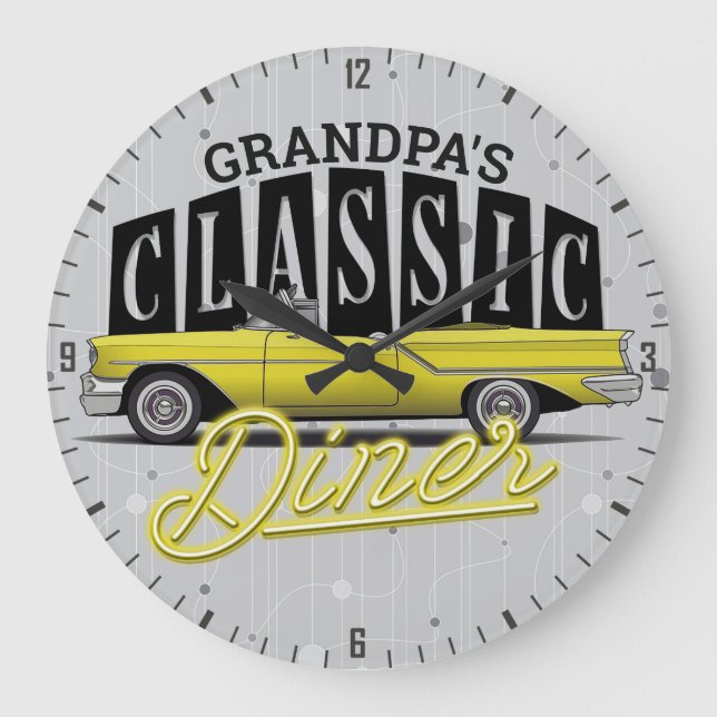 Personlig NAMN Faux Neon Classic Car 50's Middag Stor Klocka (Framsida)