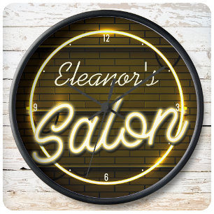 Personlig NAMN Faux Neon Sign Beauty Hair Salon Stor Klocka