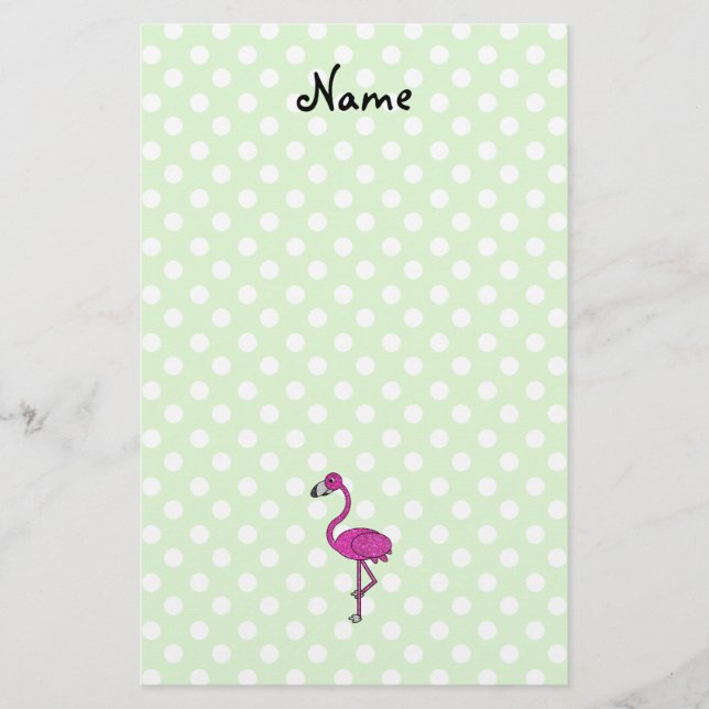Personlig namn flamingo grönt polka dots brevpapper (Framsida)