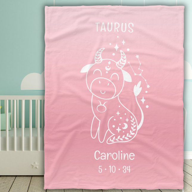Personlig Namn Flicka Taurus Zodiac Rosa Fleecefilt (Skapare uppladdad)