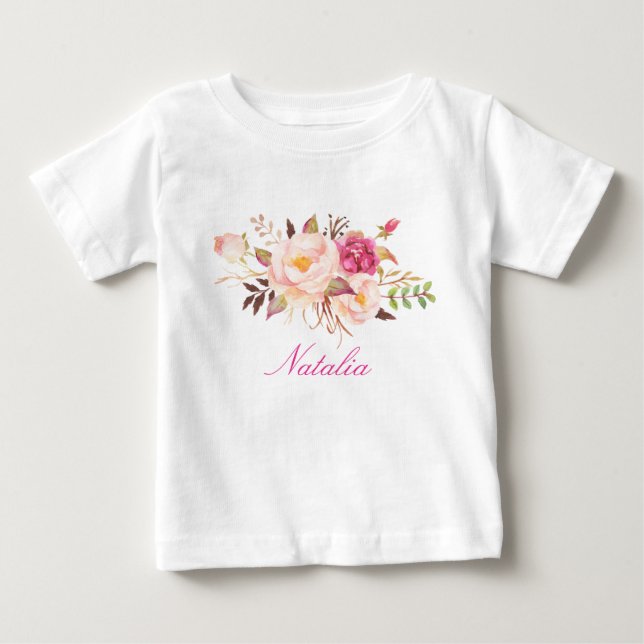 Personlig Namn Flicka Vattenfärgsfärg Blommigt 6 T-shirt (Framsida)