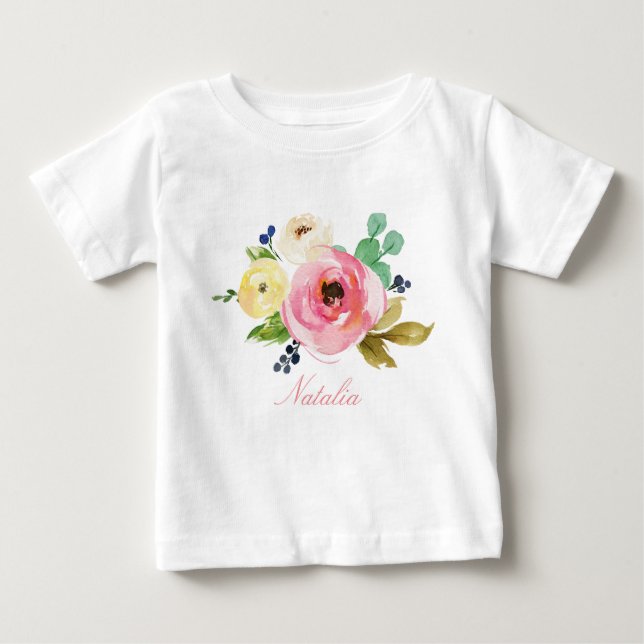 Personlig Namn Flicka Vattenfärgsfärgad Blommigt-4 Tee Shirt (Framsida)