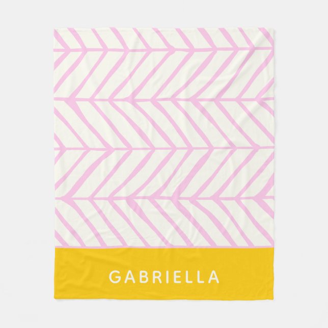 Personlig Namn Fold Rosa Gult Chevron Linjer Fleecefilt (Framsidan)