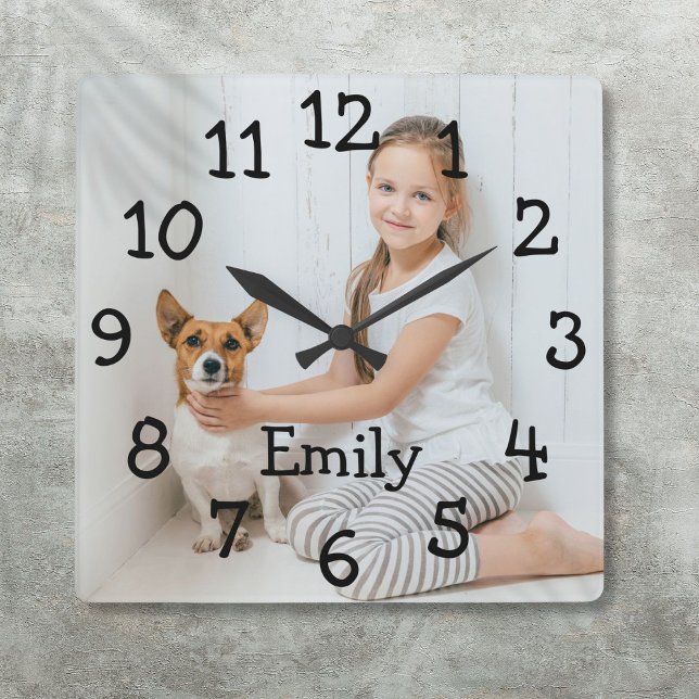 Personlig Namn Foto Enkel modern  Fyrkantig Klocka (Personalized Name Photo Simple Modern Square Wall Clock)