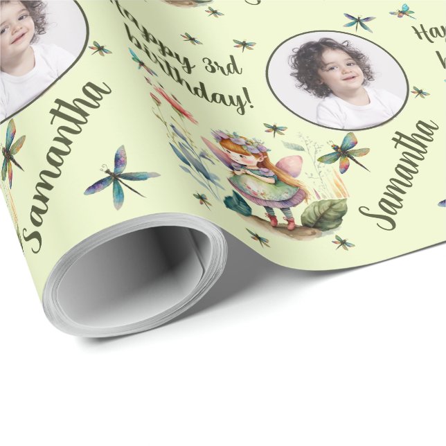 Personlig Namn fotoålder Magic Fairy Birthday Presentpapper (Rullad Hörn)