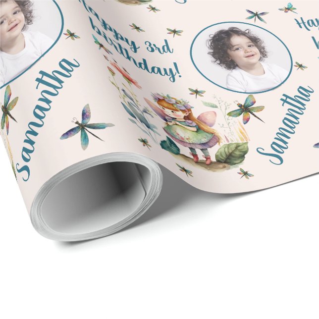 Personlig Namn fotoålder Magic Fairy Birthday Presentpapper (Rullad Hörn)