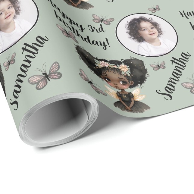 Personlig Namn fotoålder Magic Fairy Birthday Presentpapper (Rullad Hörn)
