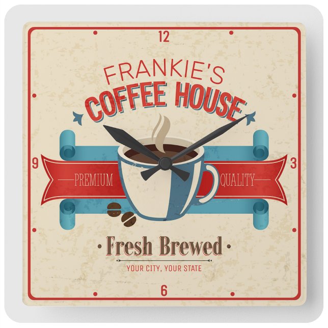 Personlig NAMN Fresh Brew Coffee House Shop Fyrkantig Klocka (Skapare uppladdad)