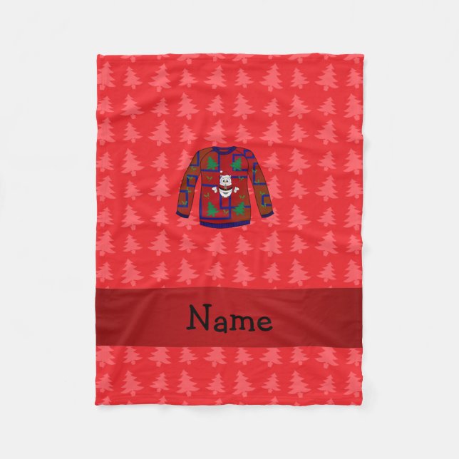 Personlig namn ful christmas sweater red träd fleecefilt (Framsidan)