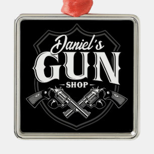 Personlig NAMN Gamla revolvers Gun Shop-skjutvapen Julgransprydnad Metall